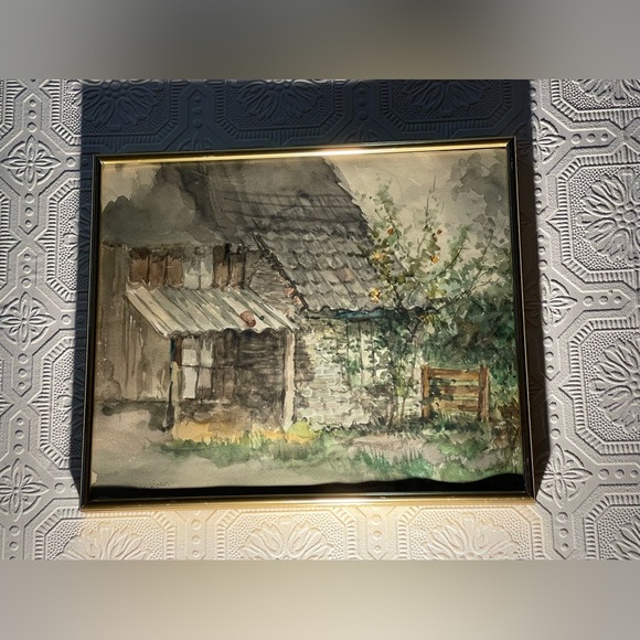 Country Cabin Original Water Colour. Artist Unknown. Gold tone pressure Frame - Picture 1 of 13